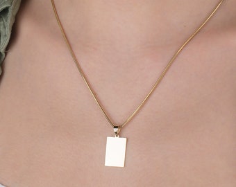 14K Solid Custom Engraved Rectangular Necklace, Personalized Dainty Charm Pendant , 2 Side Personalized Date Name Pendant Gift for Her/Him