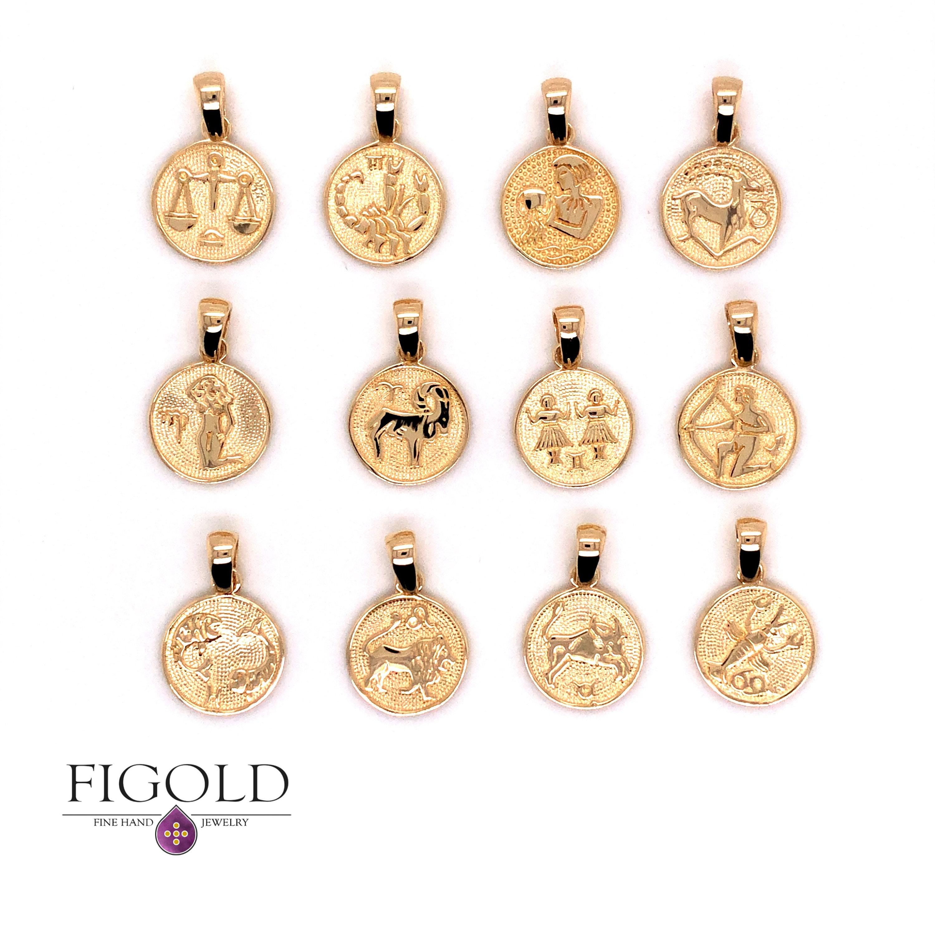 14K Gold Zodiac Pendant Necklace Back Side Engrave Etsy