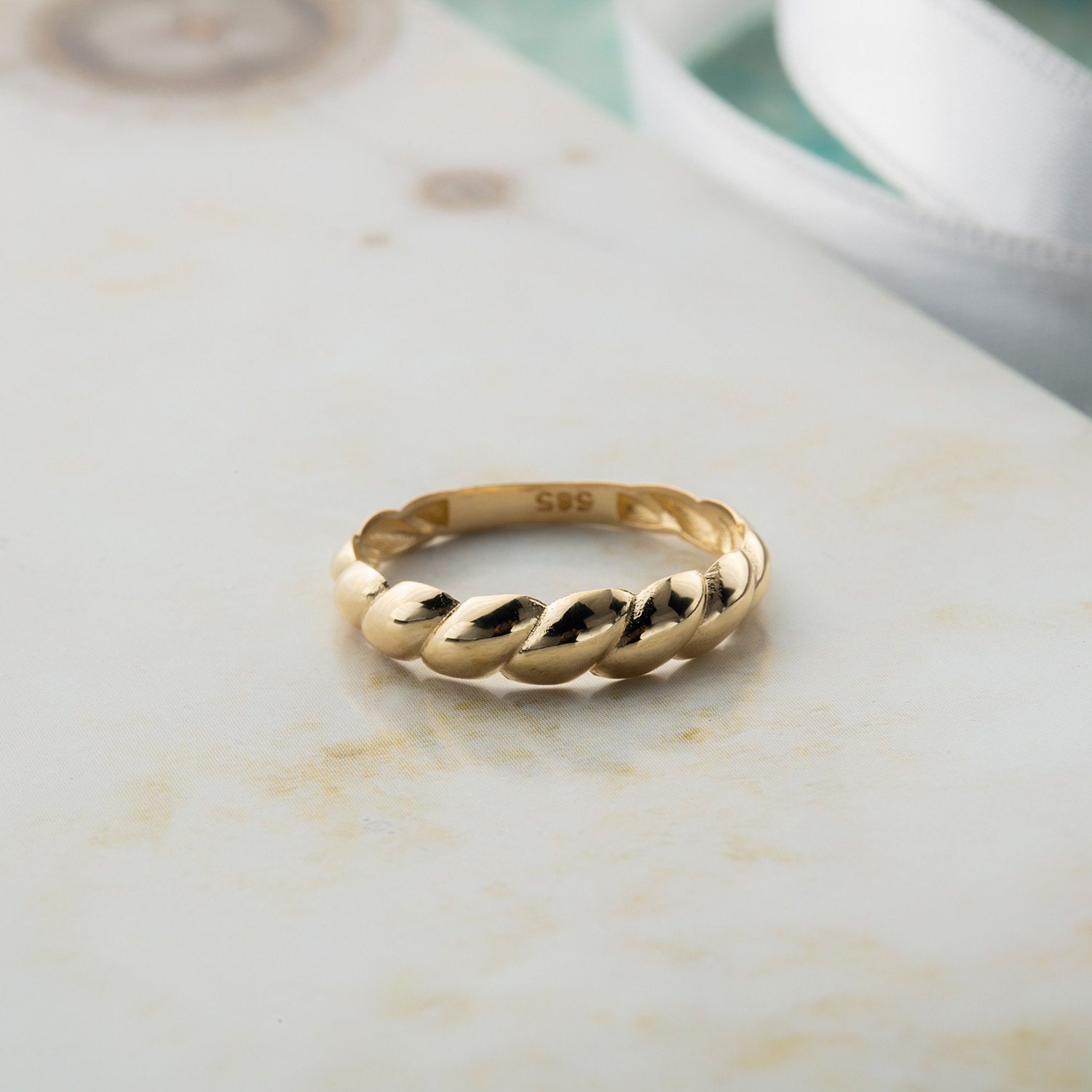 14k Solid Gold Croissant Dome Ring, Minimalist Twist Ring