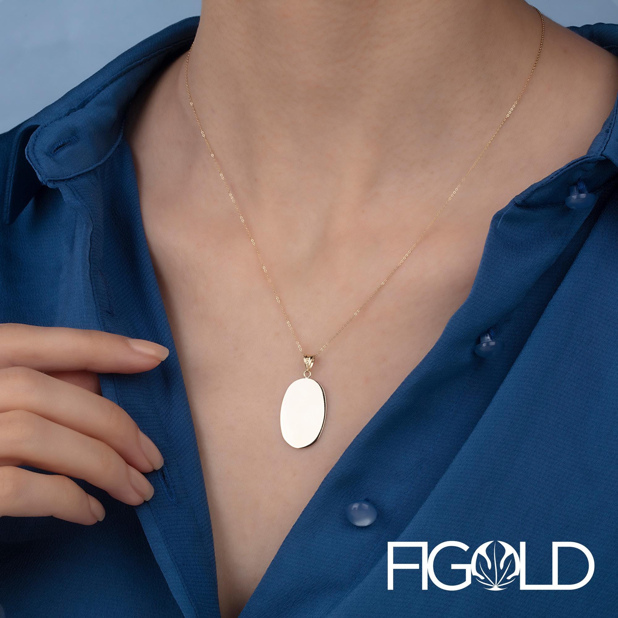 14K Solid Custom Engrave Oval Disc Necklace, Personalized Dainty Solid Gold Charm Pendant, Real Gold 2 Side Engravable Disc Pendant Gift