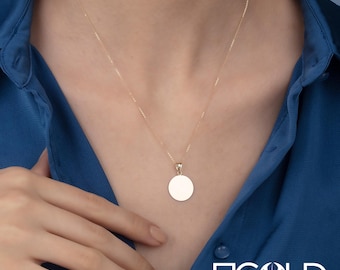 14K Solid Gold Engraved Disc Necklace: Personalized Double-Sided Charm