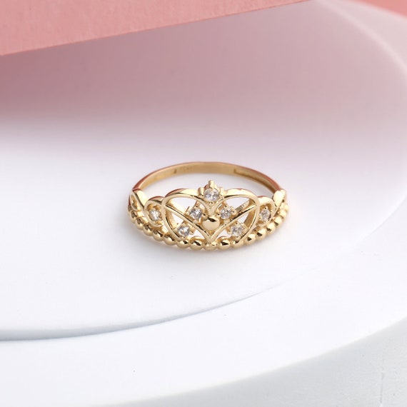 14k Yellow Gold Crown Ring, Real Diamond Bridal Ring, Promise Ring, We –  GeumJewels