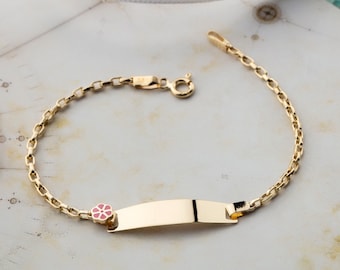 14 Karat Yellow Gold Baby ID Bracelet - 14K Solid Gold Baby ID Bracelet - New Born Gift - Flower ID Bracelet