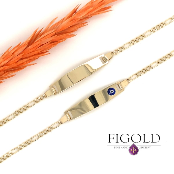 14K Real Gold Baby Bracelet, Adjustable Toddler Child Bracelet for Kid, Custom Baby Name Engrave Gold Bracelet with Figaro Hollow Link Chain