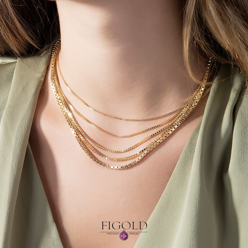 Solid Gold Box Chain Necklace gold Chain Gold Box Necklace Etsy