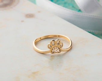 Animal Ring Round Cut Simulated Diamond Paw Print Ring in 14K Gold Plate Silver Pet Jewellery Paw Print Stacking Ring Pet Lovers Ring