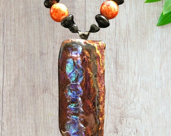 Beaded Orange and Blue Fused Glass Pendant