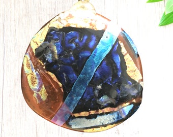 Gold and Blue Dichromic and Orange Fused glass pendant