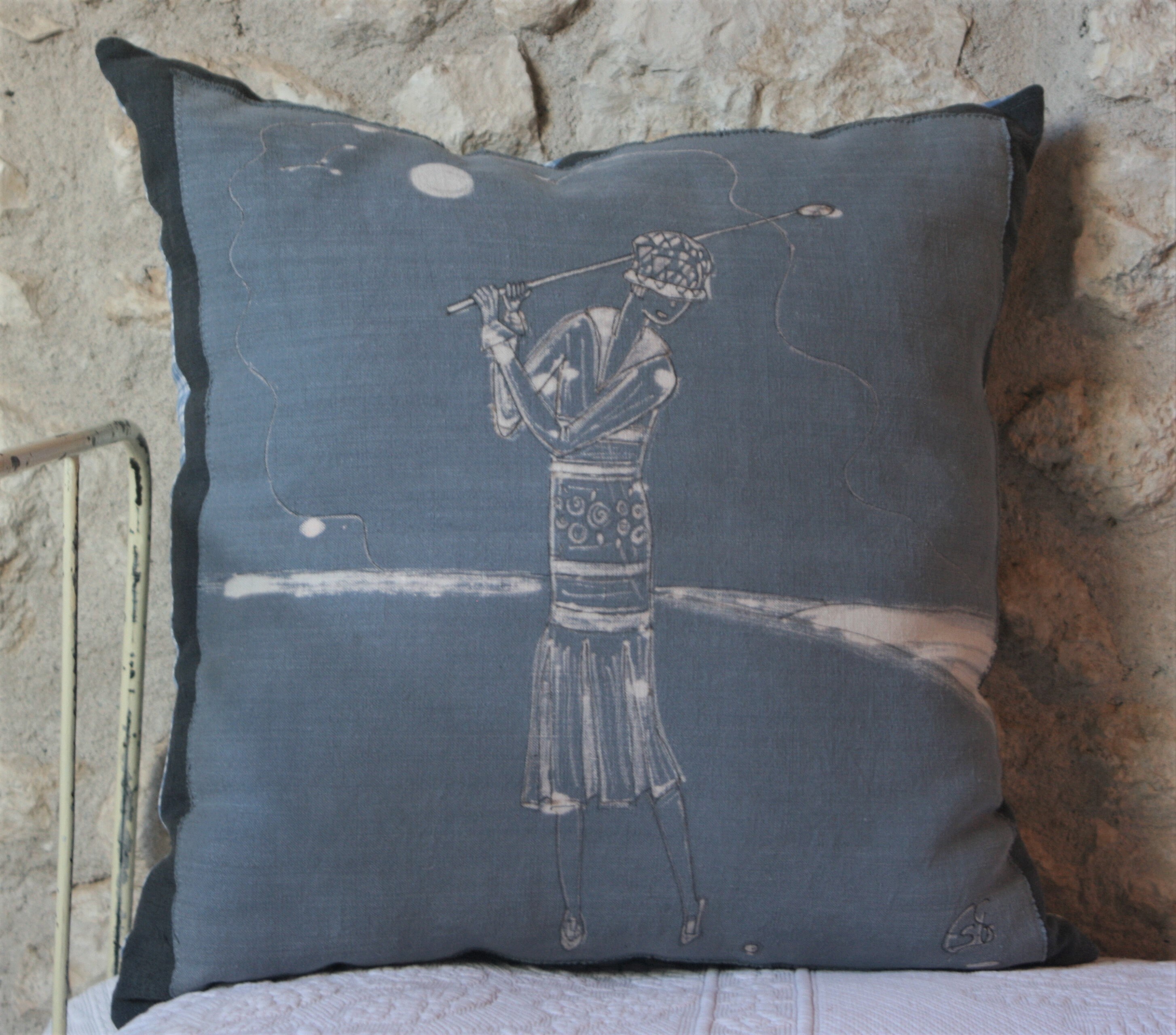 Coussin Illustré à La Main Le Golf Réalisé avec Du Lin Ancien Teint