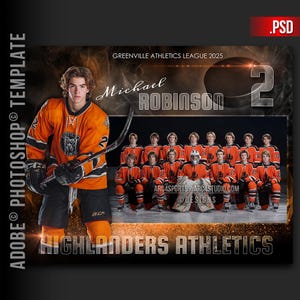 May include: A team photo for the Greenville Athletics League 2025, featuring the Highlanders. The image showcases a hockey team in orange and black uniforms. The team is led by Michael Robinson, with the number 2 prominently displayed.
