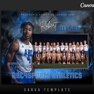 May include: A promotional graphic for ARC4SPORTS Athletics. The design features a young athlete in a blue and white uniform, with the text "ARC4SPORTS ATHLETICS LEAGUE 2027" and the name "Robert Willson". A team photo is also included.