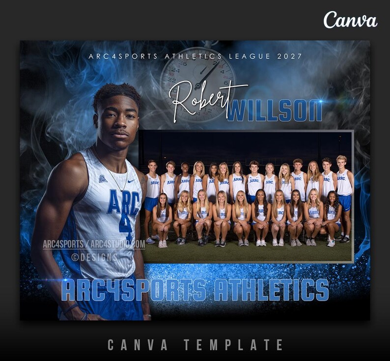 May include: A promotional graphic for ARC4SPORTS Athletics. The design features a young athlete in a blue and white uniform, with the text "ARC4SPORTS ATHLETICS LEAGUE 2027" and the name "Robert Willson". A team photo is also included.