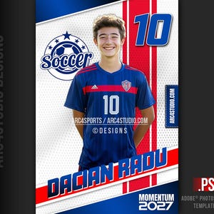 May include: A soccer player wearing a blue and red jersey with the number 10 on it. The player is standing in front of a white and red background with the text "Soccer" and "DACIAN RADU" on it. The text "MOMENTUM 2027" is at the bottom of the image.