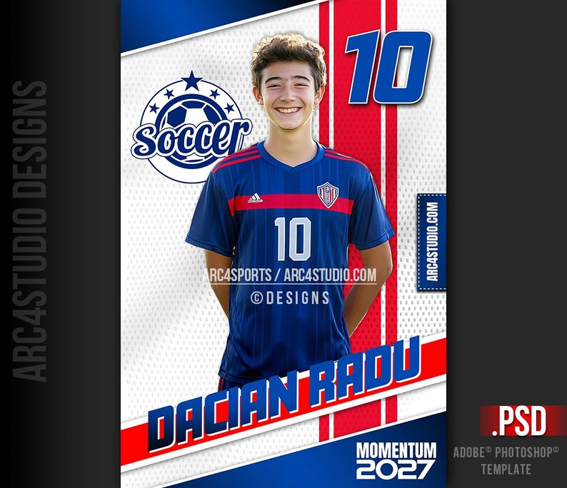 May include: A soccer player wearing a blue and red jersey with the number 10 on it. The player is standing in front of a white and red background with the text "Soccer" and "DACIAN RADU" on it. The text "MOMENTUM 2027" is at the bottom of the image.