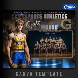 May include: A Canva template featuring a young athlete in a yellow and blue wrestling singlet with "ARC" on it. The image includes the text "ARC4SPORTS ATHLETICS LEAGUE 2025" and the name "Quentin Lautarro". A team photo is also included.