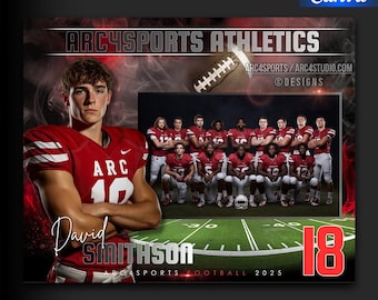 Op de afbeelding: Een Canva-sjabloon voor een American footballteam, met een speler in een rood shirt met nummer 10 en de naam David Smithson. Het ontwerp bevat de tekst "ARC4SPORTS ATHLETICS" en een teamfoto op een groen veld.