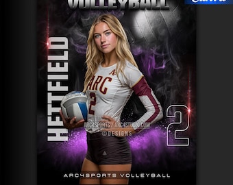 Puede incluir: Una plantilla de Canva con temática de voleibol que presenta a una joven con una camiseta de voleibol blanca y granate sosteniendo un balón de voleibol. El diseño incluye las palabras "VOLLEYBALL" y "HETTFIELD" en texto blanco, con un fondo ahumado púrpura y negro.