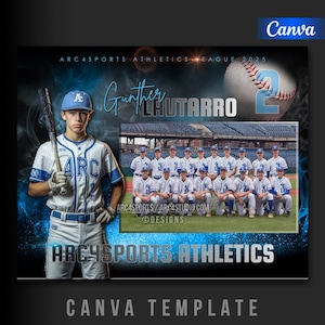 May include: A Canva template for a baseball team. The design features a baseball player holding a bat, a team photo, and the text "ARC4SPORTS ATHLETICS". The color scheme is blue and white, with a baseball graphic.