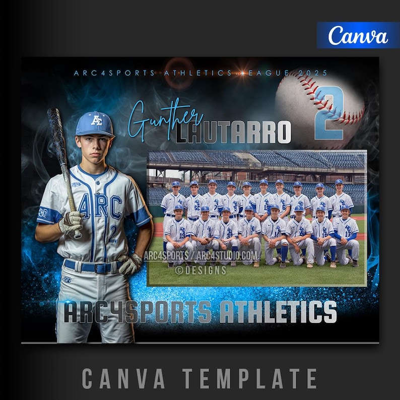 May include: A Canva template for a baseball team. The design features a baseball player holding a bat, a team photo, and the text "ARC4SPORTS ATHLETICS". The colour scheme is blue and white, with a baseball graphic.