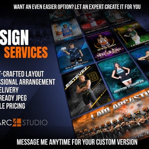 May include: An advertisement for design services. The image features a dark blue background with orange text that reads "DESIGN SERVICES." It highlights expert layout, professional arrangement, fast delivery, print-ready JPEG, and flexible pricing. Examples of sports graphics are shown.