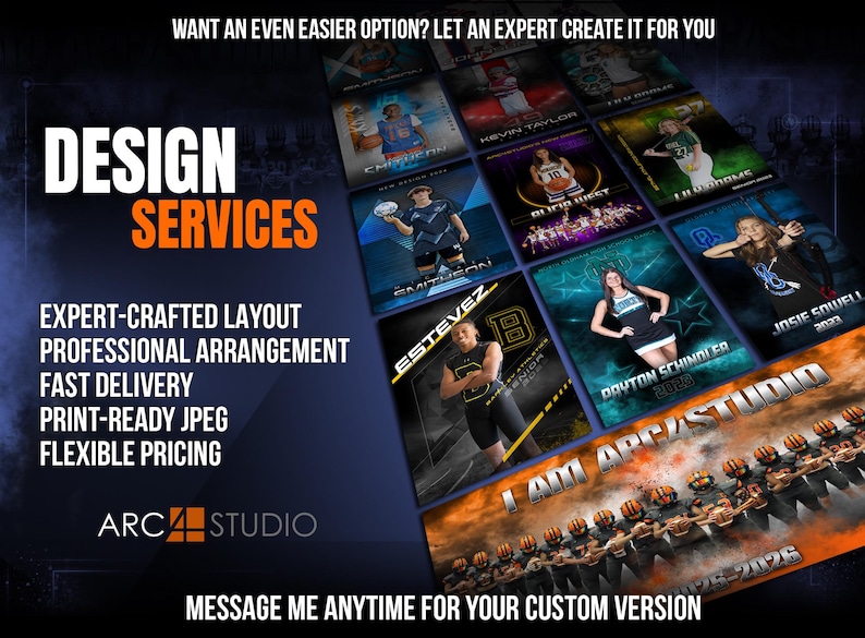 May include: An advertisement for design services. The image features a dark blue background with orange text that reads "DESIGN SERVICES." It highlights expert layout, professional arrangement, fast delivery, print-ready JPEG, and flexible pricing. Examples of sports graphics are shown.