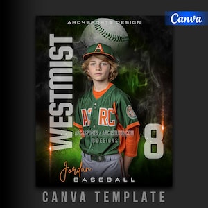 May include: Baseball-themed Canva template featuring a young baseball player in a green and orange uniform with the text "Westmist" and "Jordan Baseball." A baseball and the number "8" are also visible.