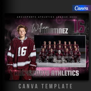 Könnte beinhalten: Eine Canva-Vorlage für die Arc4Sports Athletics League 2025. Das Design zeigt ein weinrotes und weißes Hockey-Trikot mit der Nummer 16, ein Teamfoto und den Namen William Martinez. Der Hintergrund ist schwarz mit rosa Akzenten.