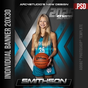 May include: A basketball player in a blue and white jersey holds a basketball with the word "Wilson" on it. The background is a blue and gray design with the text "2025 Senior" and "Smithson".