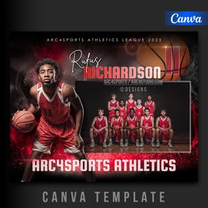 May include: A Canva template for Arc4Sports Athletics, featuring a basketball theme. The design includes a player with a basketball, a team photo, and text that reads "Rufus Richardson" and "Arc4Sports Athletics League 2025". The color scheme is red and black.