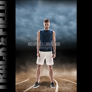 May include: A male athlete wearing a blue tank top and white shorts stands on a running track. The background is a stormy sky with dust swirling around him. The text "ARC4SPORTS / ARC4STUDIO designs" is visible in the image.