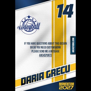 May include: A white and blue volleyball jersey with yellow stripes and the number 14. The jersey has the text "Volleyball" in a blue circle with white stars. The name "DARIA GRECU" is printed in yellow on the jersey. The text "MOMENTUM 2027" is printed in yellow at the bottom of the jersey.