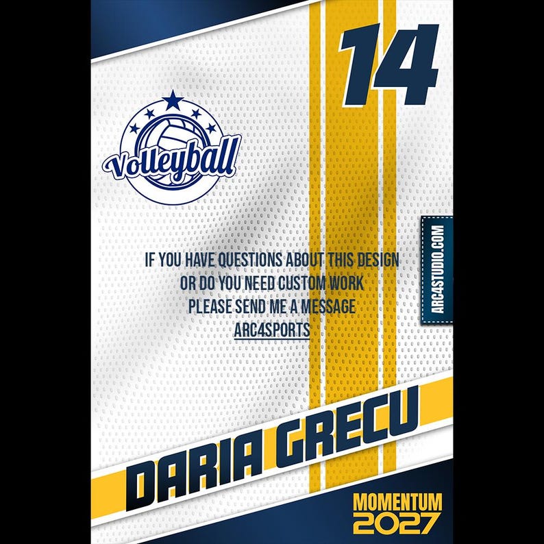 May include: A white and blue volleyball jersey with yellow stripes and the number 14. The jersey has the text "Volleyball" in a blue circle with white stars. The name "DARIA GRECU" is printed in yellow on the jersey. The text "MOMENTUM 2027" is printed in yellow at the bottom of the jersey.