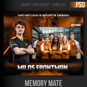 Könnte beinhalten: Eine Gruppe von sieben Personen trägt orangefarbene und weiße E-Sport-Trikots mit dem Text "ARC4STUDIO E-SPORTS DESIGN" und "RC4ST.COM DESPONS" auf den Trikots. Das Team steht vor einer Backsteinmauer mit einem Wabenmuster. Der Text "MILOS FRONTMAN" und "MEMORY MATE" befindet sich am unteren Rand des Bildes. Das Jahr "2028" befindet sich in der oberen rechten Ecke des Bildes.