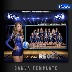 May include: A Canva template for a volleyball team photo. The design features a young woman in a blue and gold uniform holding a volleyball, with a team photo in the background. The text includes "ARC4SPORTS VOLLEYBALL TEAM" and "PATRICIA REGGIS".
