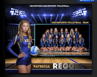 Könnte beinhalten: Eine Canva-Vorlage für ein Volleyball-Teamfoto. Das Design zeigt eine junge Frau in einem blau-goldenen Trikot, die einen Volleyball hält, mit einem Teamfoto im Hintergrund. Der Text enthält "ARC4SPORTS VOLLEYBALL TEAM" und "PATRICIA REGGIS".