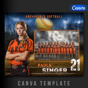 May include: Softball team photo template featuring a player in an orange and black uniform. The image includes a softball, lightning, and the text "ARC4SPORTS SOFTBALL". The template also features the text "PAULA SINGER 21".