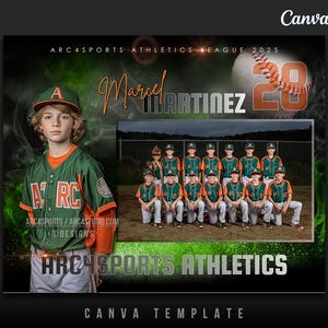 May include: Baseball team photo template featuring a young player in a green and orange jersey. The image includes the text "ARC4SPORTS ATHLETICS LEAGUE 2025" and "Marcel Martinez". A team photo is also included.