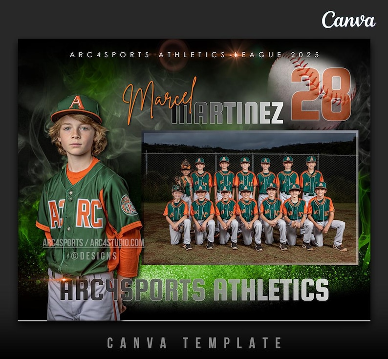 May include: Baseball team photo template featuring a young player in a green and orange jersey. The image includes the text "ARC4SPORTS ATHLETICS LEAGUE 2025" and "Marcel Martinez". A team photo is also included.