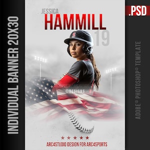 May include: A softball player wearing a red and black baseball cap with the letter "R" on it, a black jersey, and a red and white American flag draped over her shoulders. The text "JESSICA HAMMILL 19" is above the player's head. The text "ARC4STUDIO DESIGN FOR ARC4SPORTS" is at the bottom of the image.