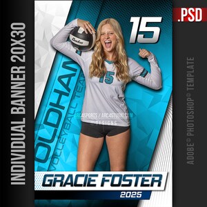 May include: A volleyball player in a white jersey with blue accents and black shorts holds a volleyball and smiles. The background is a blue and white geometric design with the text "OLDHAM VOLLEYBALL TEAM" and "GRACIE FOSTER 2025".