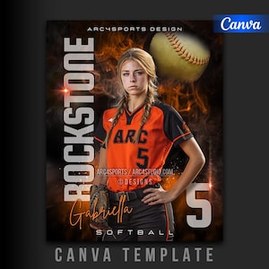 May include: A softball team template with a young woman in an orange and black uniform. The word "ROCKSTONE" is vertically displayed. The text "Gabriella Softball" is also visible. A softball is in the background, with the Canva logo in the upper right corner.