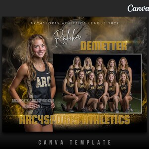 May include: A Canva template for Arc4Sports Athletics League 2027. The design features a portrait of a young woman in a black and gold athletic uniform, along with a team photo. The text includes "Rauka Demetter" and "Arc4Sports Athletics".