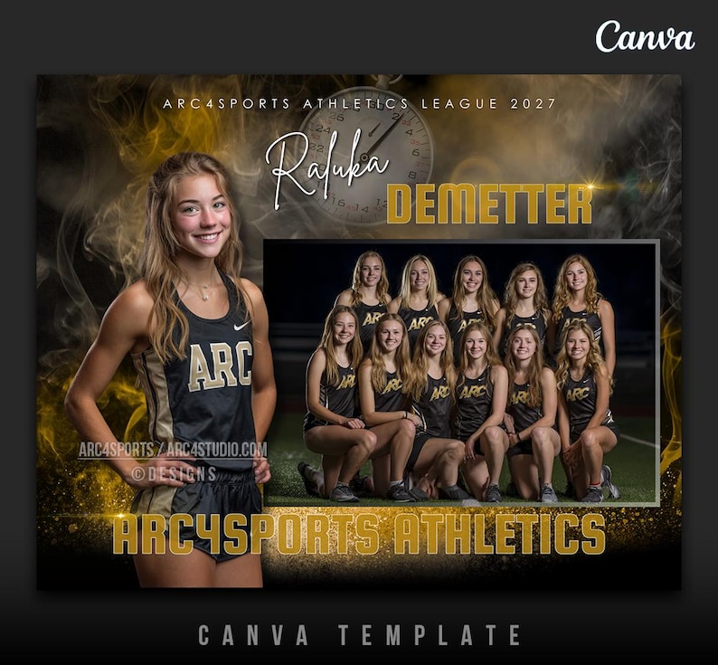 May include: A Canva template for Arc4Sports Athletics League 2027. The design features a portrait of a young woman in a black and gold athletic uniform, along with a team photo. The text includes "Rauka Demetter" and "Arc4Sports Athletics".