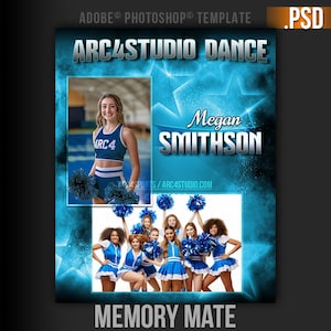 Könnte beinhalten: Ein blaues und weißes Cheerleading-Erinnerungsstück mit einem Foto einer jungen Frau in einem Cheerleading-Outfit und dem Text "ARC4STUDIO DANCE" und "Megan Smithson".