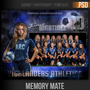 Peut inclure: Photo d'équipe pour la Greenville Athletics League 2025. L'image présente une équipe de football, avec une joueuse tenant un ballon au premier plan. L'équipe porte des uniformes bleus. Le texte "Jessica Martinez" et "Highlanders Athletics" sont également visibles.