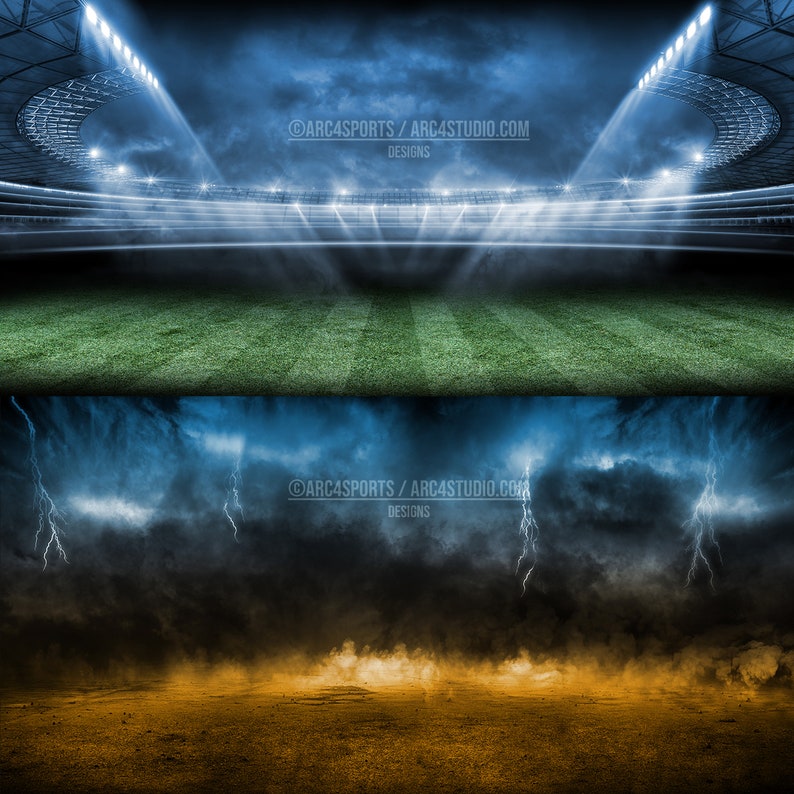 May include: A digital illustration of a football stadium with bright lights and a green field. The bottom half of the image shows a stormy sky with lightning bolts and a brown field.