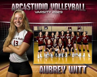 Plantilla de memoria de voleibol de 8 x 10 / PSD en capas con texto personalizado y portafotos