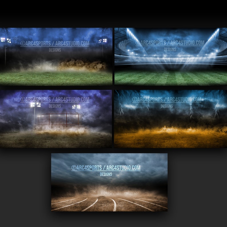 May include: Five different sports field backgrounds with dramatic lighting and smoke effects.  The backgrounds include a baseball field, a football field, a soccer field, a track, and a generic field.  The text "ARC4SPORTS/ARC4STUDIO.COM DESIGNS" appears in each image.