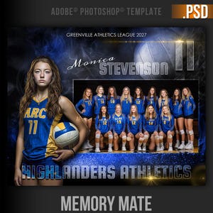 Puede incluir: Foto de equipo de voleibol con jóvenes en uniformes azules y dorados. El texto "Monica Stevenson", "Highlanders Athletics" y "Memory Mate" es visible. Una jugadora sostiene un balón de voleibol. Fondo azul y blanco.