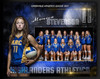 Puede incluir: Foto de equipo de voleibol con jóvenes en uniformes azules y dorados. El texto "Monica Stevenson", "Highlanders Athletics" y "Memory Mate" es visible. Una jugadora sostiene un balón de voleibol. Fondo azul y blanco.
